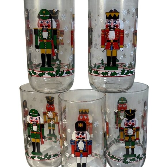 Libby Nutcracker Holiday Glasses Festive Snowflake Design Holly Accents Set Of 5 - Picture 1 of 9
